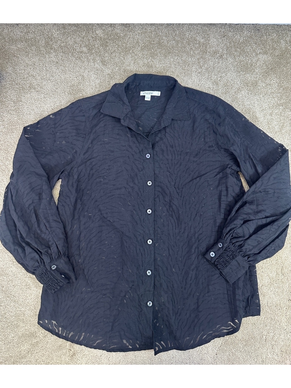 Women’s Chico’s Sz 1 (M) Black Sheer Zebra Stripe Button Up Balloon Sleeve Shirt - Picture 6 of 7
